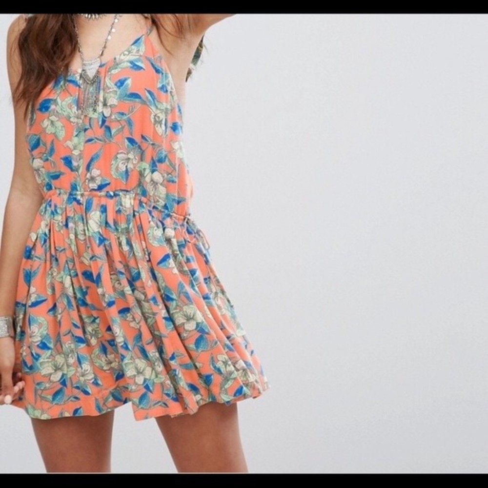 Summer Dress Free People‎ Tropical Floral Ruffle Mini Womens Medium Orange Boho